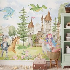 a child's room with a fairy wall mural