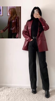 Red Leather Jacket Outfit, Rachel Green Outfits, Oversized Fashion, 90s Inspired Outfits, Looks Pinterest, Corporate Outfits, Leather Jacket Outfits, Looks Street Style, Friend Outfits