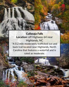 the fall foliage and waterfalls are featured in this postcard with information about their location