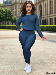 Olivia Mark - Sporty Yoga Honeycomb Two-piece Set, Crew Neck Long Sleeve Top & High Waist Skinny Pants Outfits, Women's Clothing Pants Outfits, Two Piece Sets, Olivia Mark, Honeycomb, Long Sleeve Top, Long Sleeve Tops, Active Wear, Sleeve Top, High Waist