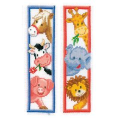 two cross stitch bookmarks with animals on them