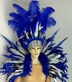 Royal Blue and Silver Feather Collar Piece and ostrich feather headdress carnival samba pageant hora Blue Costume Hat For Carnival, Blue Costume Hats And Headpieces For Carnival, Blue Headpieces For Carnival, Elastic Harness, Types Of Feathers, Feather Collar, Pink Emerald, Blue Cocktails, Silver Cocktail