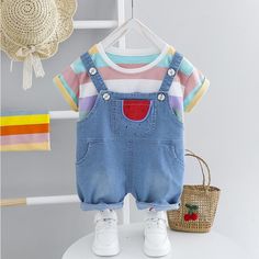 Toddler Boy Striped T-shirt & Watermelon Pattern Kangaroo Pocket Overalls - PrettyKid Watermelon Pattern, Boys Stripes, Striped T Shirt, Summer Baby, Overall Shorts, Fabric Cotton, Toddler Boys, Kangaroo Pocket, Kangaroo