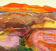 an abstract painting of mountains and fields with oranges, pinks, yellows and green