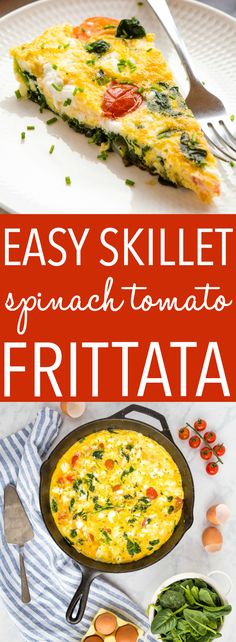 an easy skillet spinach tomato frittata recipe on a white plate with text overlay