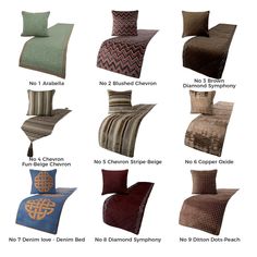 the different types of bedspreads and pillows are shown in this image,