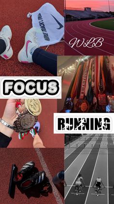 a collage of photos with the words focus running in black, white and red