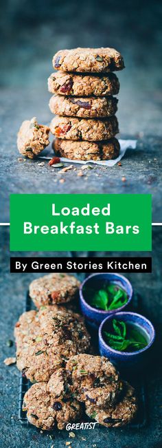 the cover of loaded breakfast bars by green stories kitchen, featuring cookies and mint leaves