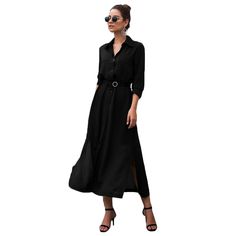 Black Button Down Split Maxi Shirt Dress Elegant Button-up Maxi Dress For Party, Black Button-up Midi Dress, Single-breasted Button-up Office Dress, Single Breasted Button-up Office Dress, Black Long Sleeve Office Maxi Dress, Black Long Sleeve Maxi Dress For Office, Elegant Black Button-up Midi Dress, Chic Long Sleeve Button Maxi Dress, Chic Long Sleeve Maxi Dress With Buttons