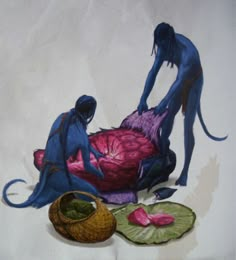 a painting of two people sitting on a bed next to a basket and flower petals