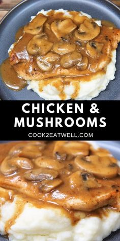 chicken and mushrooms on mashed potatoes with gravy in the middle, topped with caramel sauce