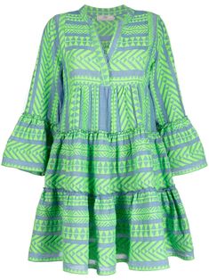 Devotion Ella graphic-print Dress  - Farfetch Verde Jade, Graphic Print Dress, Floaty Dress, Tiered Skirts, Cotton Blends Dress, Greek Fashion, Vestido Casual, Pink Mini Dresses, Smock Dress