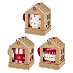 three small boxes with red and white designs on them, one in the shape of a house