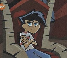 a cartoon character sitting in a chair with his hand on his chest and looking at something