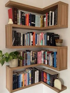 three wooden shelves filled with books next to a plant on top of a white wall