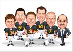 a caricature of football players with their heads in the same team's uniforms