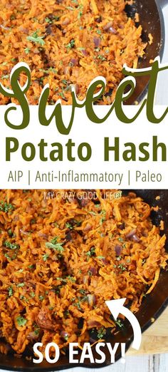 sweet potato hash browns in a skillet with text overlay