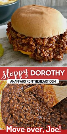 A Sloppy Dorothy sandwich on a white surface. Easy Loose Meat Sandwich Recipe, Easy Sloppy Joe Recipe Crock Pots, Korean Beef Sloppy Joes, Sloppy Joe Soup Recipe, Sloppy Dorothy Sandwiches, Best Sloppy Joes Ever, Sloppy Joe’s, Sloppy Joe Ideas, Ground Beef Sandwich Recipes