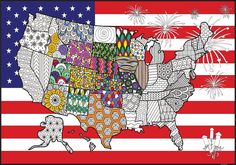 an american map with fireworks in the sky and stars on it, as well as other items