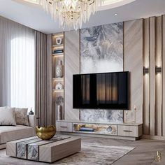 an elegant living room with marble walls and chandelier