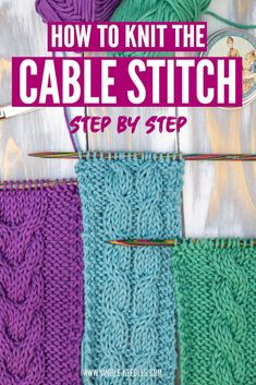 the knitting pattern for cable stitch is shown with yarn and crochet hooks