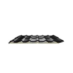 an image of a metal roofing sheet with black and white tiles on the top