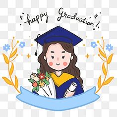 a girl in graduation cap and gown holding a bouquet of flowers with the words happy graduation written on it