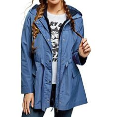 Oodji Ultra Women's Long Jacket With Drawstring And Detachable Hood Color: Blue Size: 40 - 6 In Usa (Chart In Images) New, Never Worn Casual Fitted Raincoat For Winter, Blue Long Sleeve Parka For Spring, Blue Spring Parka, Casual Blue Raincoat With Pockets, Blue Hooded Raincoat For Spring, Blue Hooded Spring Raincoat, Blue Utility Jacket For Fall Outdoor Activities, Blue Utility Jacket For Outdoor Fall, Trendy Blue Utility Jacket For Winter