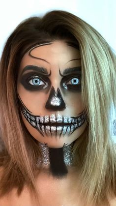 Women’s Skull Makeup, Skeleton Makeup Women, Halloween Face Paint For Adults, Skeleton Makeup Glitter, Glam Skull Makeup Halloween, Womens Skeleton Makeup, Neon Skeleton Makeup, Glitter Skull Makeup, Glam Skull Makeup