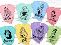 disney princess tshirt shirts with the names of each character in different colors and sizes