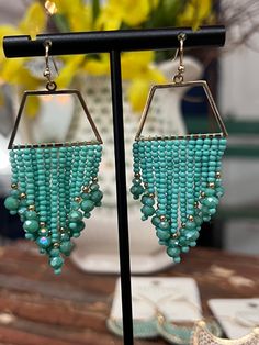 Seedbead Tassel Earrings Teal Turquoise Fringe Tassel Drop Earrings, Turquoise Earrings With Gold Beads, Beaded Fringe Dangle Earrings, Turquoise Dangling Bead Drop Earrings, Adjustable Beaded Turquoise Chandelier Earrings, Turquoise Dangling Beaded Earrings, Turquoise Tassel Earrings With Round Beads, Turquoise Earrings With Tassels And Round Beads, Gold Beaded Dangle Chandelier Earrings