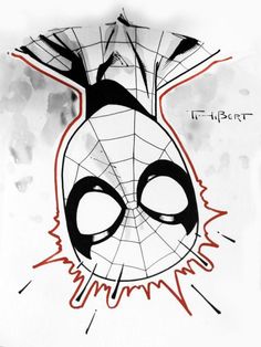 a drawing of a spider - man mask with black and red lines