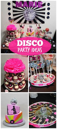 a disco party with cupcakes, cake and desserts on the table in different colors