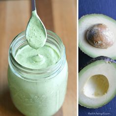 avocado smoothie in a mason jar and an avocado with a spoon