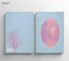 two book covers with trees on them, one is pink and the other is blue