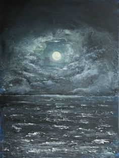 an oil painting of the ocean at night