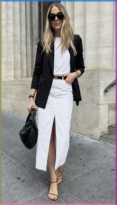 Womens Skirt Outfits Summer, Summer Dress Business Casual, White Long Jean Skirt Outfit, White Blazer Summer Outfit, White Skirt Work Outfit, White Jeans Skirt Outfit, Summer Work Outfits Office Casual 2023, White Denim Maxi Skirt