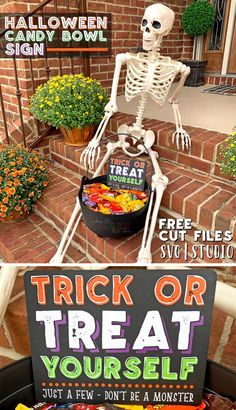 a skeleton sitting in front of a trick or treat sign