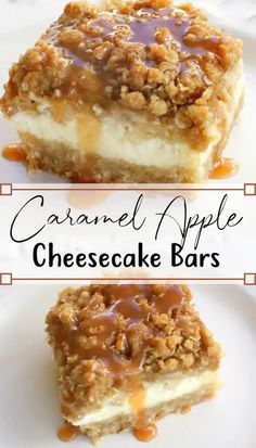 caramel apple cheesecake bars on a white plate