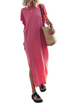 Pink Crew Neck Bat Sleeve Maxi T-shirt Dress Party Lounge, Sundress Women, Solid Dress Casual, Plus Size Long Dresses, Pink Crew Neck, Color Dresses, Summer Beach Dress, Long Beach Dress, Vacation Dress