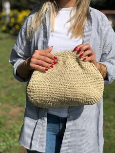 HANDMADE STRAW POUCH CLUTCH BAG 🛍️Inspired by nature sustainable fashion ✅Any woman must have this bag for every fashionista.Whether you keeping it to yourself or gifting someone you care, it will be unforgettable. Daily use, a fashionable women's accessory for special occasions ✅I made this beautiful clutch from natural paper rope which is organic cotton. ✅The interior of the straw summer bag is fully lined with cotton and has a hidden metal lock. A lining of the appropriate color is sewn into Chic Cream Handwoven Crochet Bag, Natural Woven Clutch For Everyday Use, Beige Woven Clutch For Daily Use, Beige Bohemian Clutch Pouch, Bohemian Beige Clutch Pouch, Chic Natural Crochet Pouch Bag, Daily Use Beige Woven Clutch, Handwoven Natural Rectangular Pouch, Daily Beige Woven Clutch