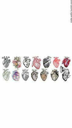 an assortment of heart shaped brooches on a white background