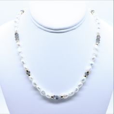 This beautiful gemstone necklace is made from high quality genuine AAA grade natural labradorite, freshwater pearls, and gold filled or sterling silver findings. The labradorite stones have a stunning blue flash are a beautiful greyish blue, have a superior polish, are perfectly calibrated, and are uniform in size.  - Not dyed, treated or color enhanced. 100% natural. - Photos taken outside in natural lighting and in a light box.  - No filters or color enhancements are added to the photos.  The White Labradorite Necklace With Natural Stones, Choker Gold, Necklace Extender, Statement Choker, Greyish Blue, Freshwater Pearl Bracelet, Freshwater Pearl Necklace, Natural Lighting, Pearl Earrings Dangle