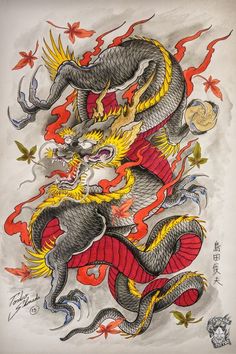 a drawing of a dragon with red and yellow colors