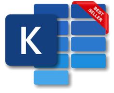 a blue rectangular button with the letter k on it and a red rectangle sticker