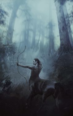 a painting of a man with a bow and arrow on a horse in the woods