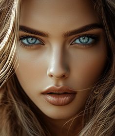 a beautiful woman with blue eyes and long blonde hair is shown in this artistic photo