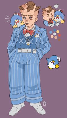 a drawing of a man in pajamas with penguins around him and an image of a penguin behind him