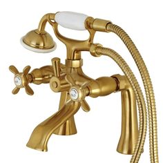 a gold faucet with two handset and hose