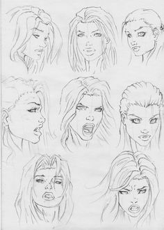 sketches of different faces and hair for the character's face, from an article about how